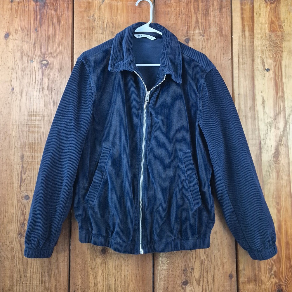 Zara Mens Navy Blue Corduroy Full Zip Bomber Jacket Size Medium
